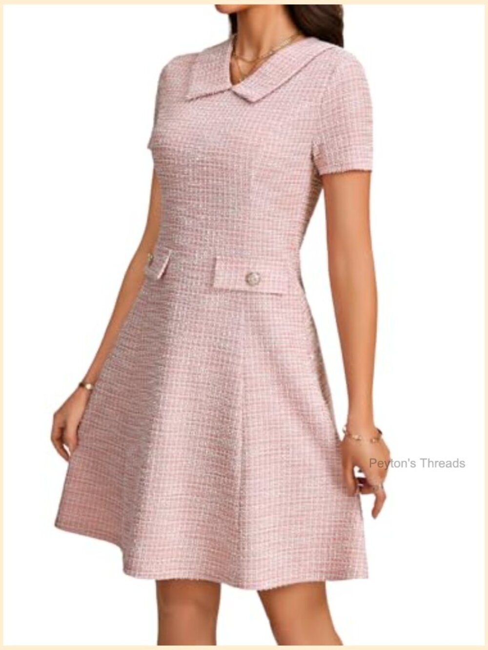 Tweed Collared Short Sleeve Ruffle A-Line Midi Dress - Picture 4 of 6